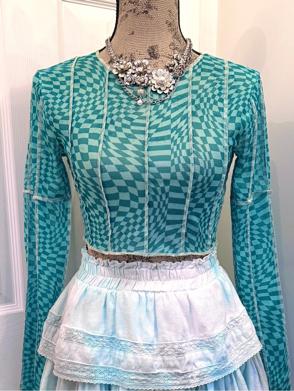 Edikted Teal Turquoise Geometric Wavy Checkered Sheer Long Sleeve Crop Top